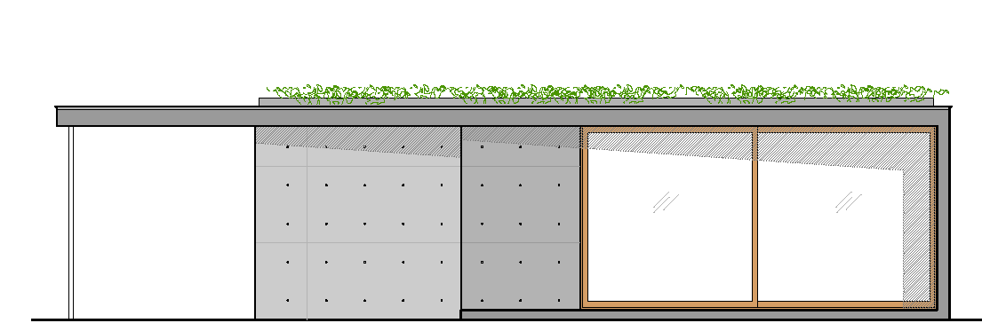 Modern concrete guest house with wood-framed sliding doors, green roof.