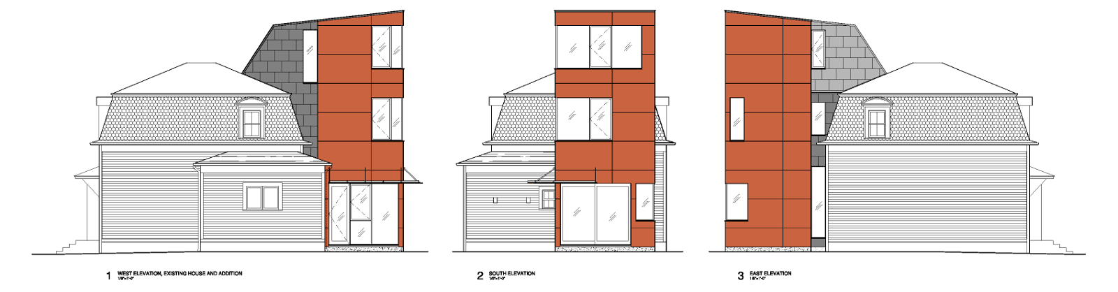 Modern residential addition to mansard-roof house.