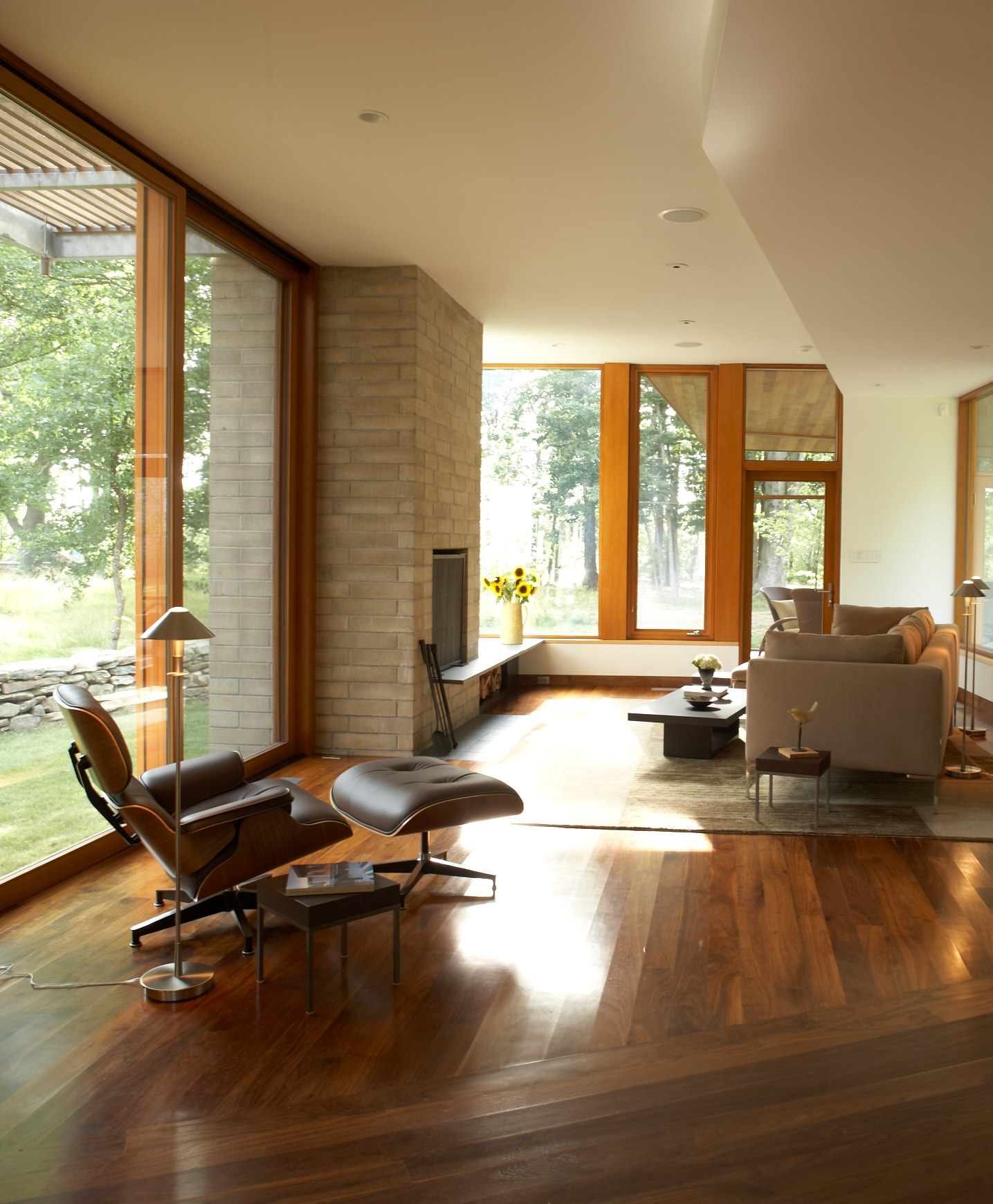 Custom built-in maple bookshelves and seating.